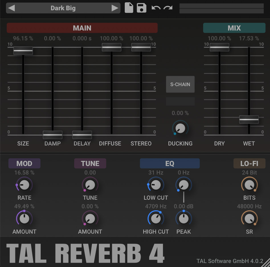 TAL-Reverb-4: Für subtile Raumakustik bis hin zu weiten Klangpanoramen - einfach und hochwertig.
