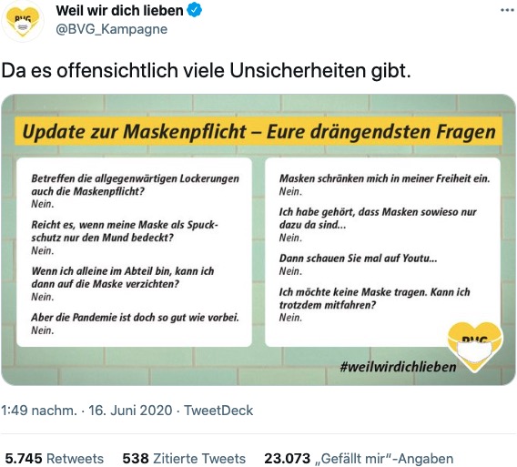Schön schnoddrig: BVG-Social Media Beitrag zur Maskenpflicht